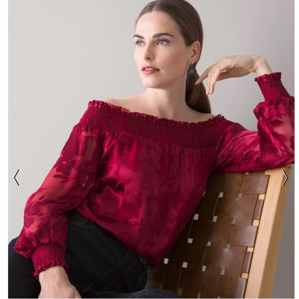 White House Black Market red off the shoulder blouse